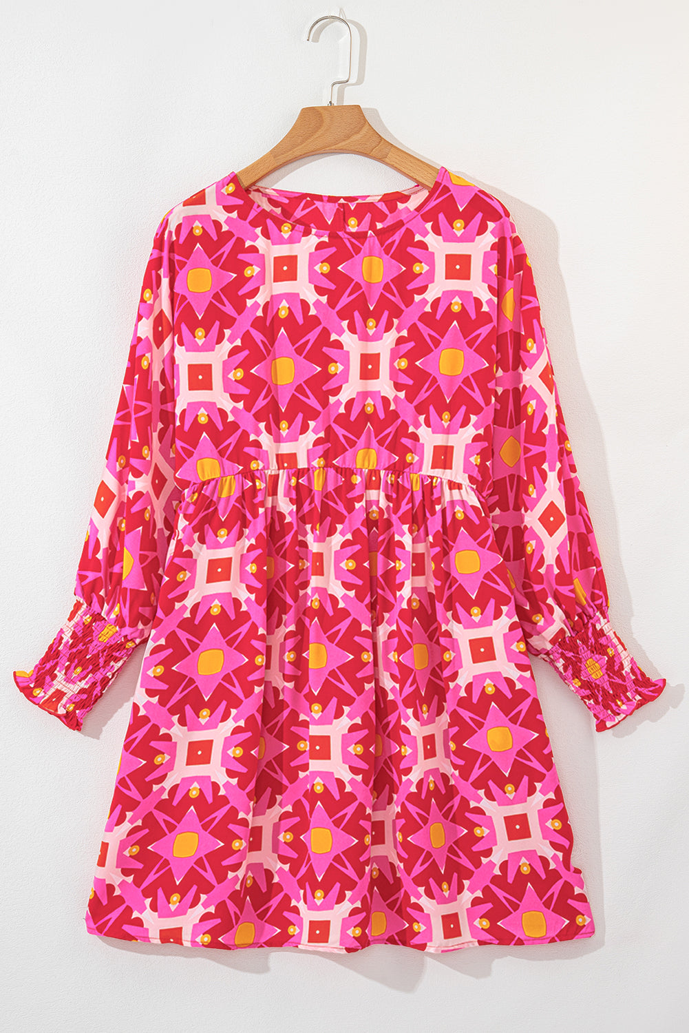 Strawberry Pink Geometric Print Smocked Long Sleeve Mini Dress Mini Dresses JT's Designer Fashion