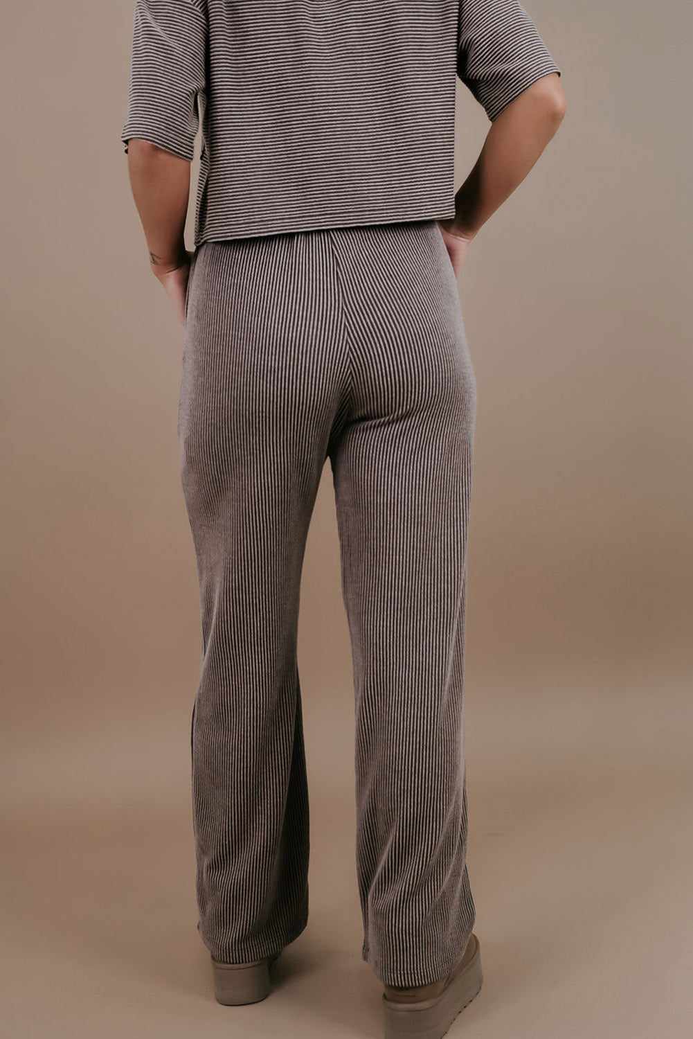 Dark Grey Ribbed Knit Pocketed Tee and Lace-up High Waist Pants Set Bottoms JT's Designer Fashion