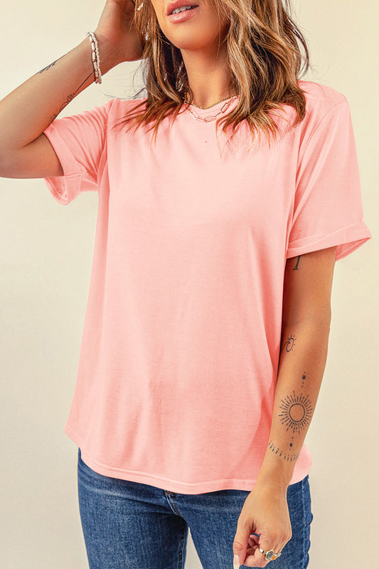 Pink Casual Plain Crew Neck Tee Tops & Tees JT's Designer Fashion