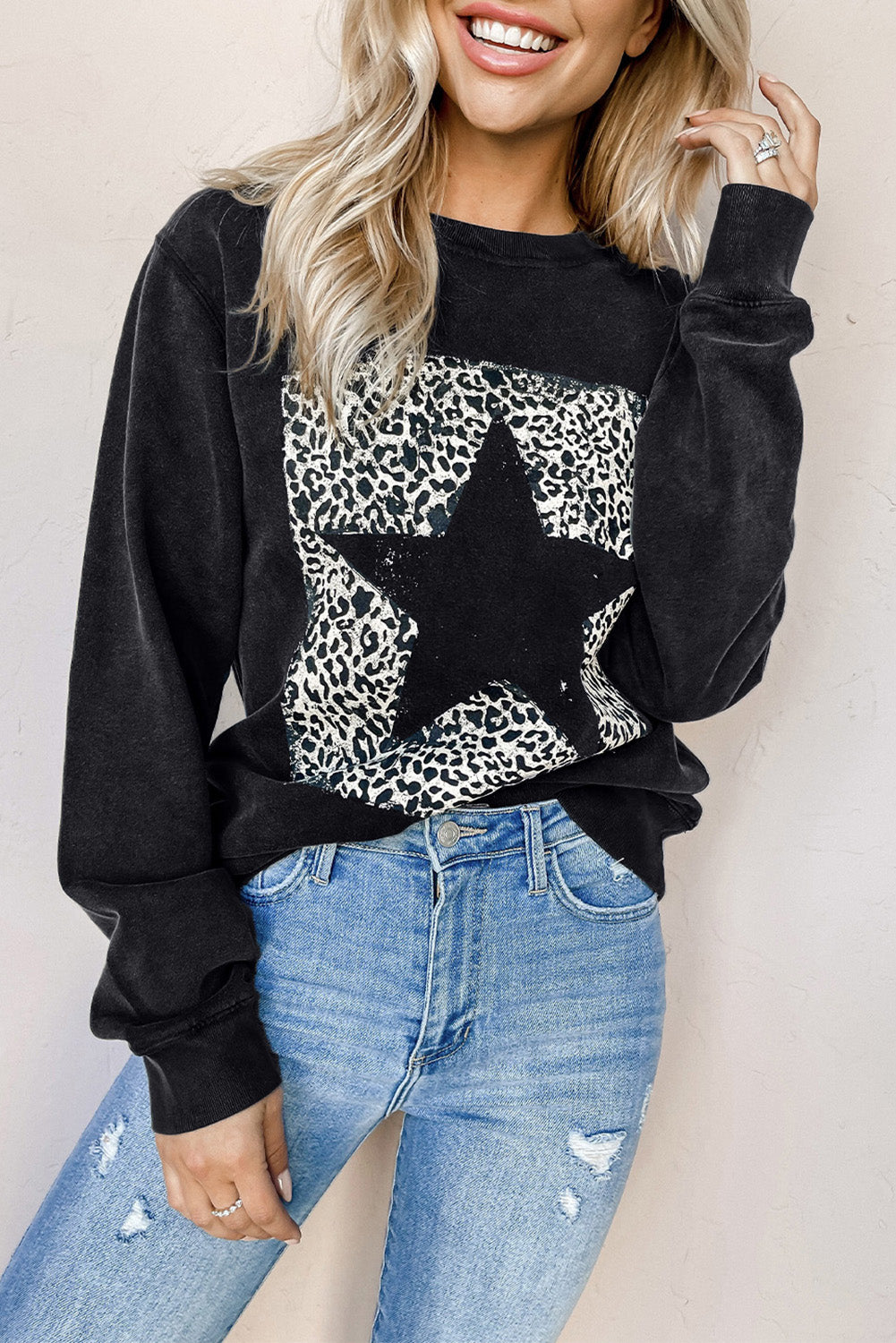 Black Leopard Star Print Sweatshirt Graphic Sweatshirts JT's Designer Fashion