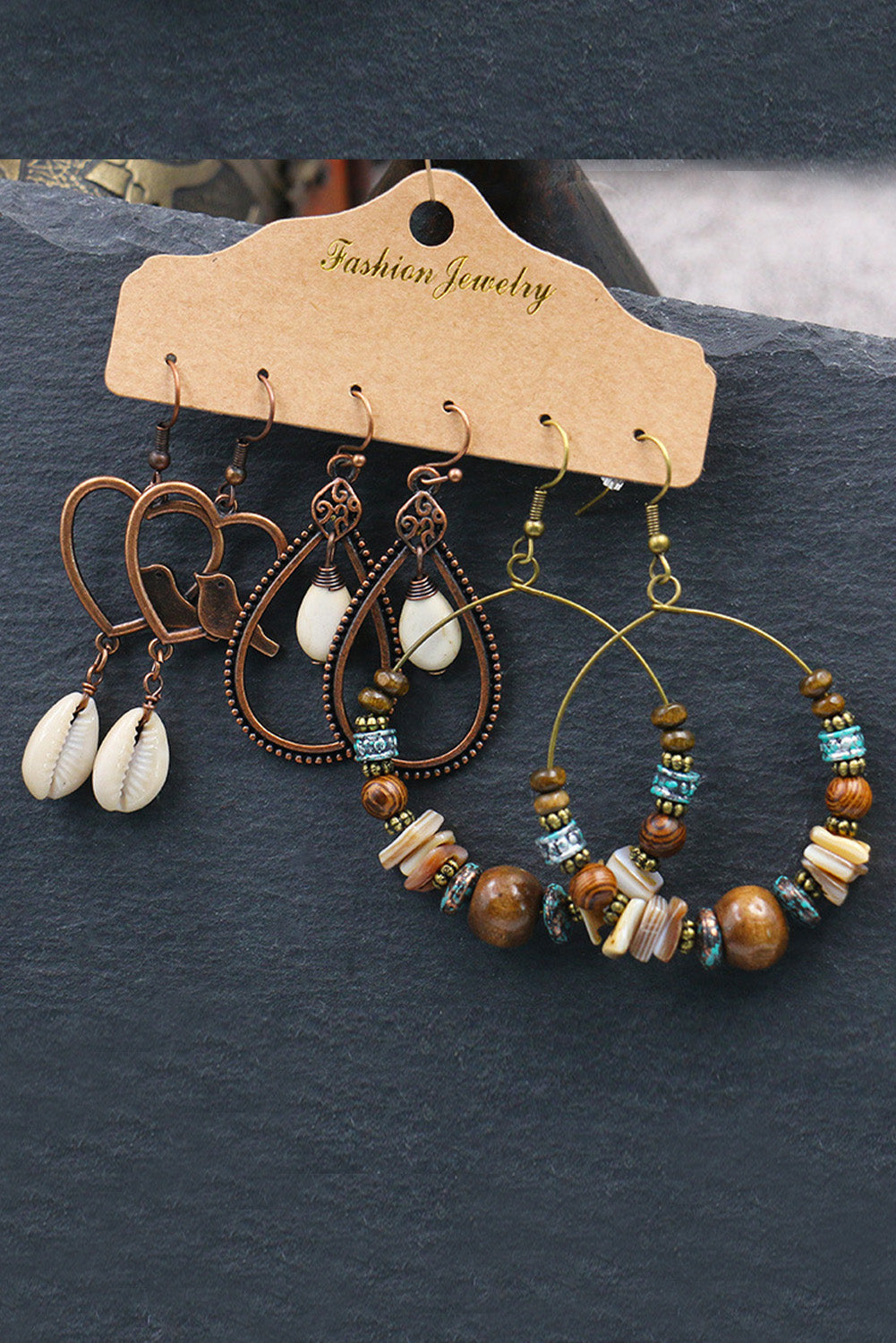 Brown Boho Heart-Shape Circle Waterdrop Beaded Earrings Set Jewelry JT's Designer Fashion