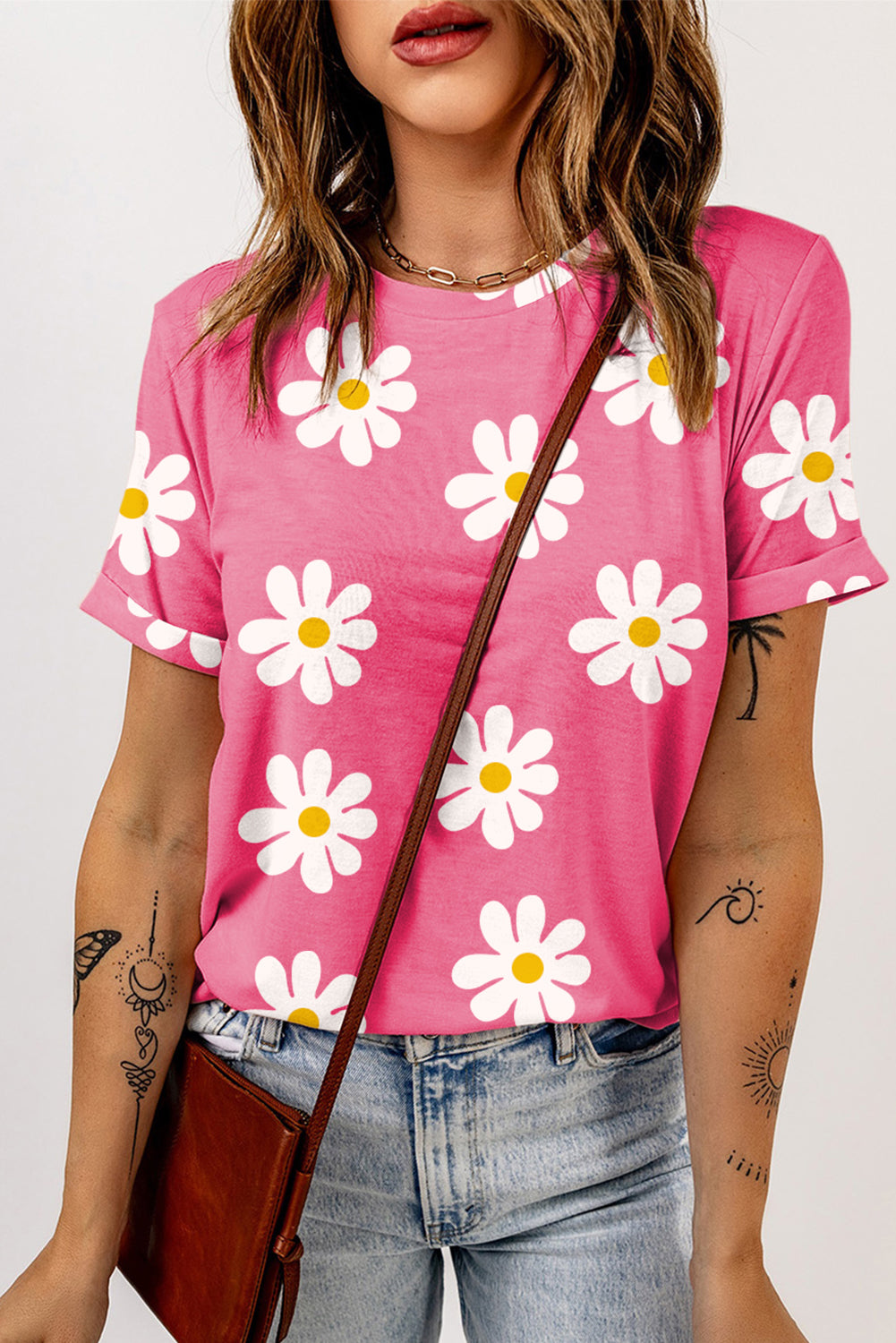 Pink Daisy Printed Crewneck T Shirt Tops & Tees JT's Designer Fashion