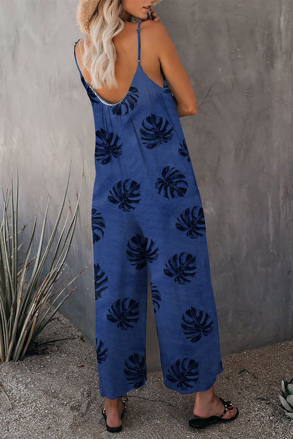 Blue Palm Leaves Print Spaghetti Strap Wide Leg jumpsuit Jumpsuits & Rompers JT's Designer Fashion