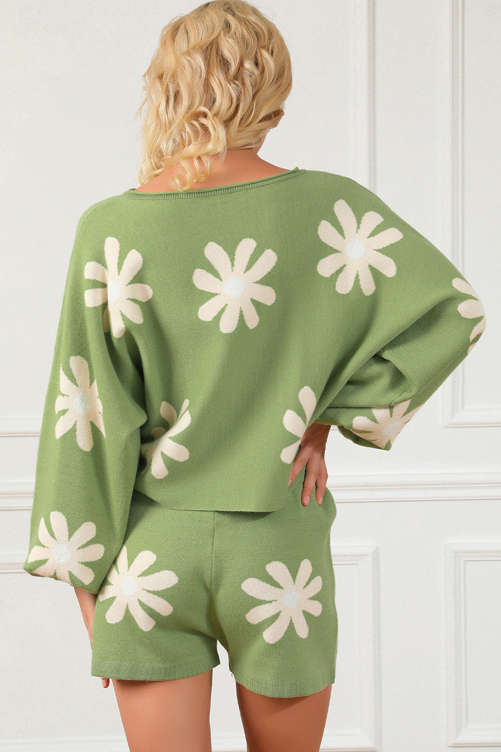 Green Flower Print Bubble Sleeve Knitted Sweater and Shorts Set Short Sets JT's Designer Fashion