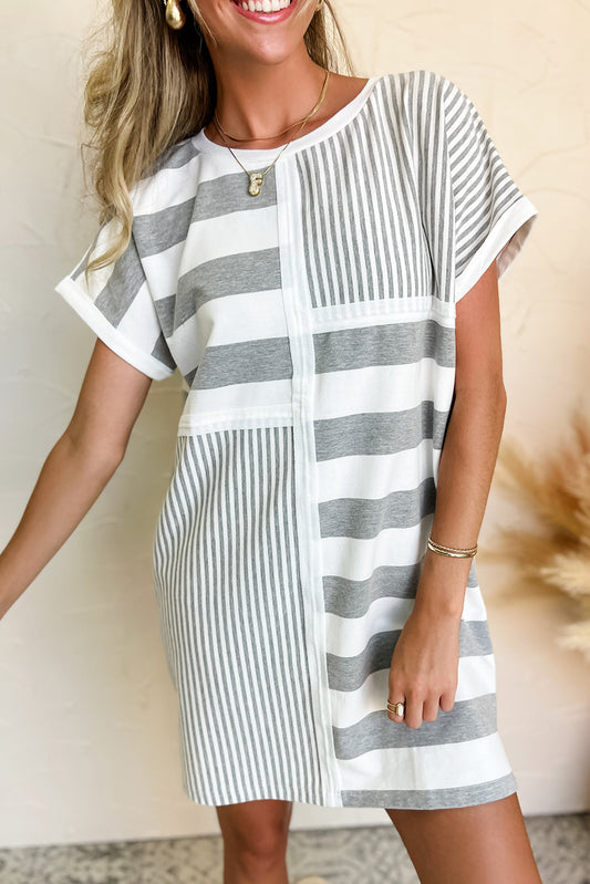 Gray Stripe Mixed Printed Short Sleeve Shift Mini T Shirt Dress T Shirt Dresses JT's Designer Fashion