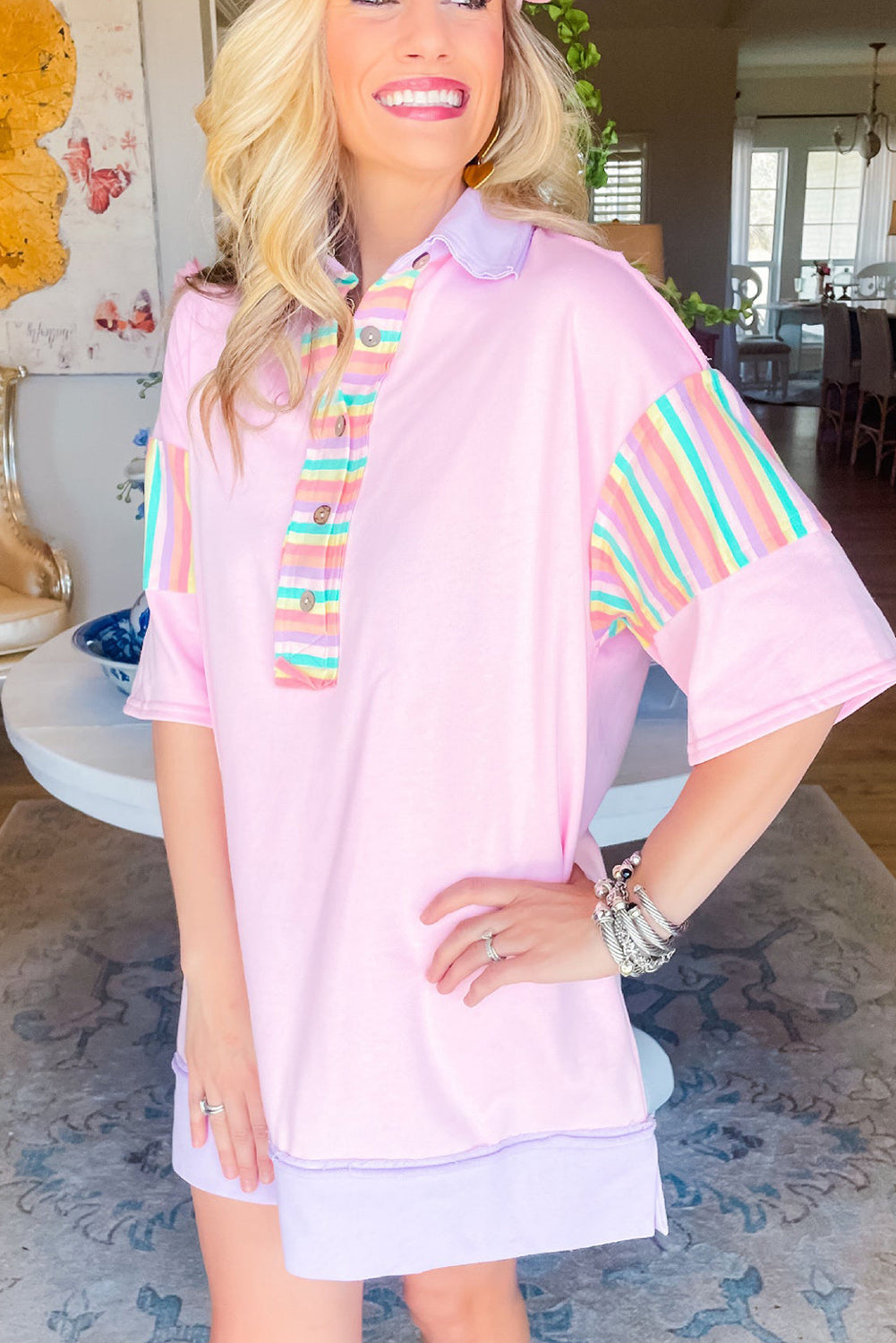 Pink Rainbow Stripe Half Sleeve Buttoned Collar Mini Dress Dresses JT's Designer Fashion