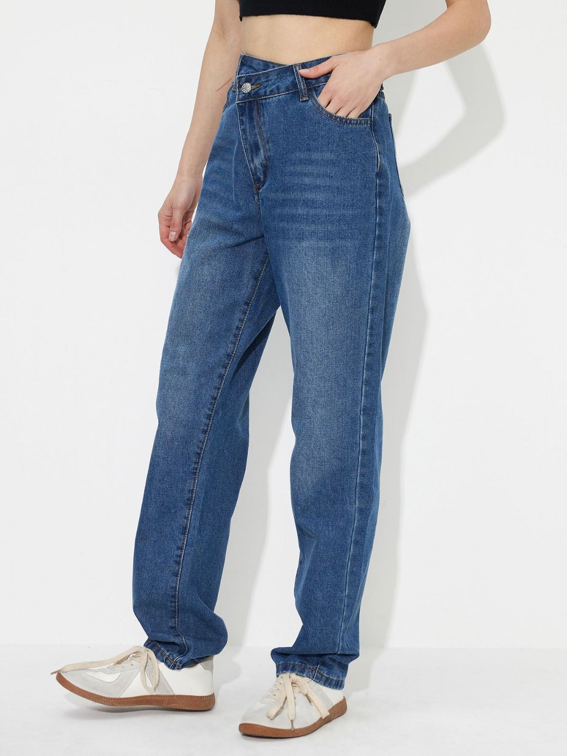 Asymmetric Waist Jeans with Pockets High Waist Jeans JT's Designer Fashion