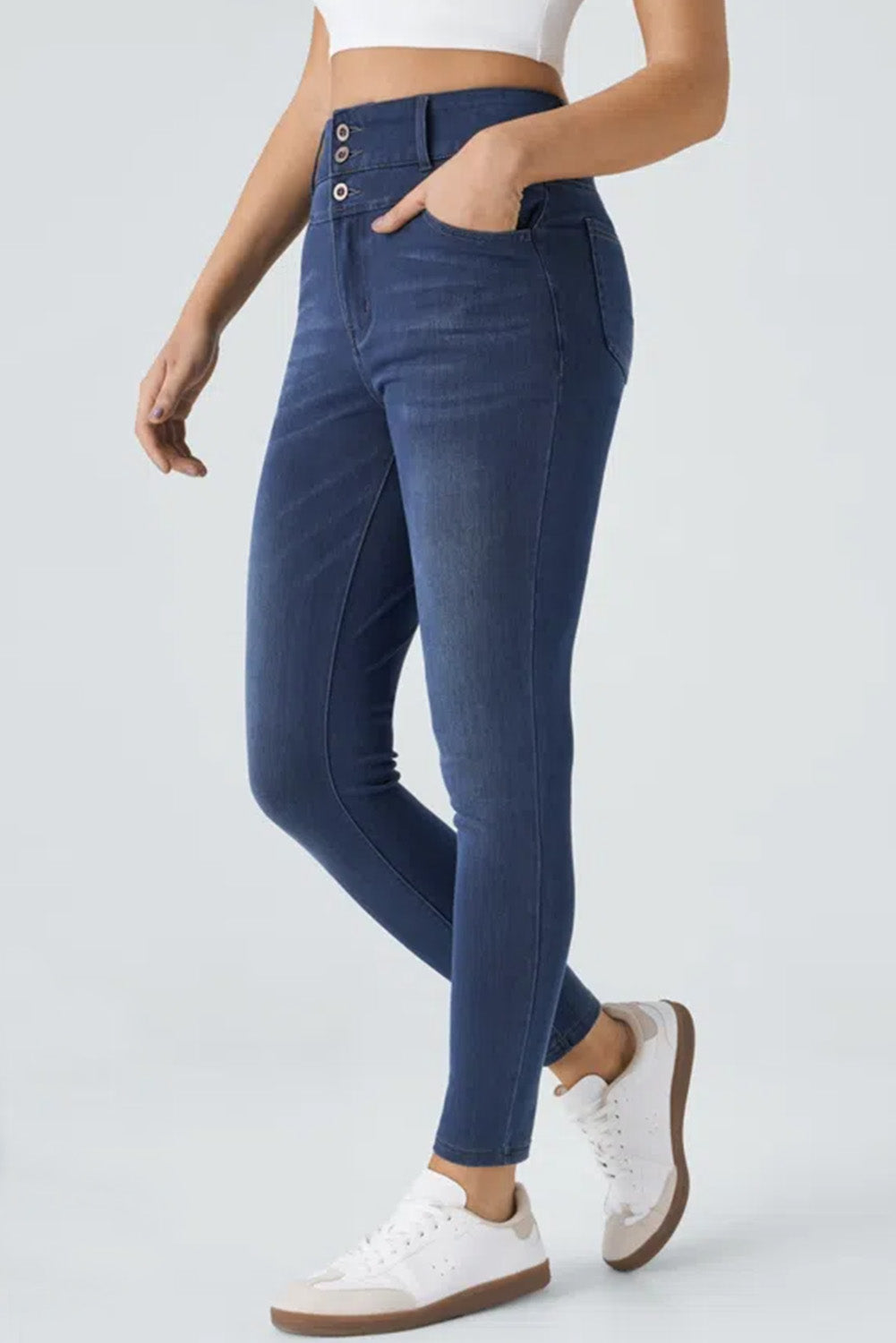Navy Blue Button Fly High Waist Skinny Fit Jeans Bottoms JT's Designer Fashion