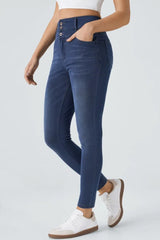 Navy Blue Button Fly High Waist Skinny Fit Jeans Bottoms JT's Designer Fashion