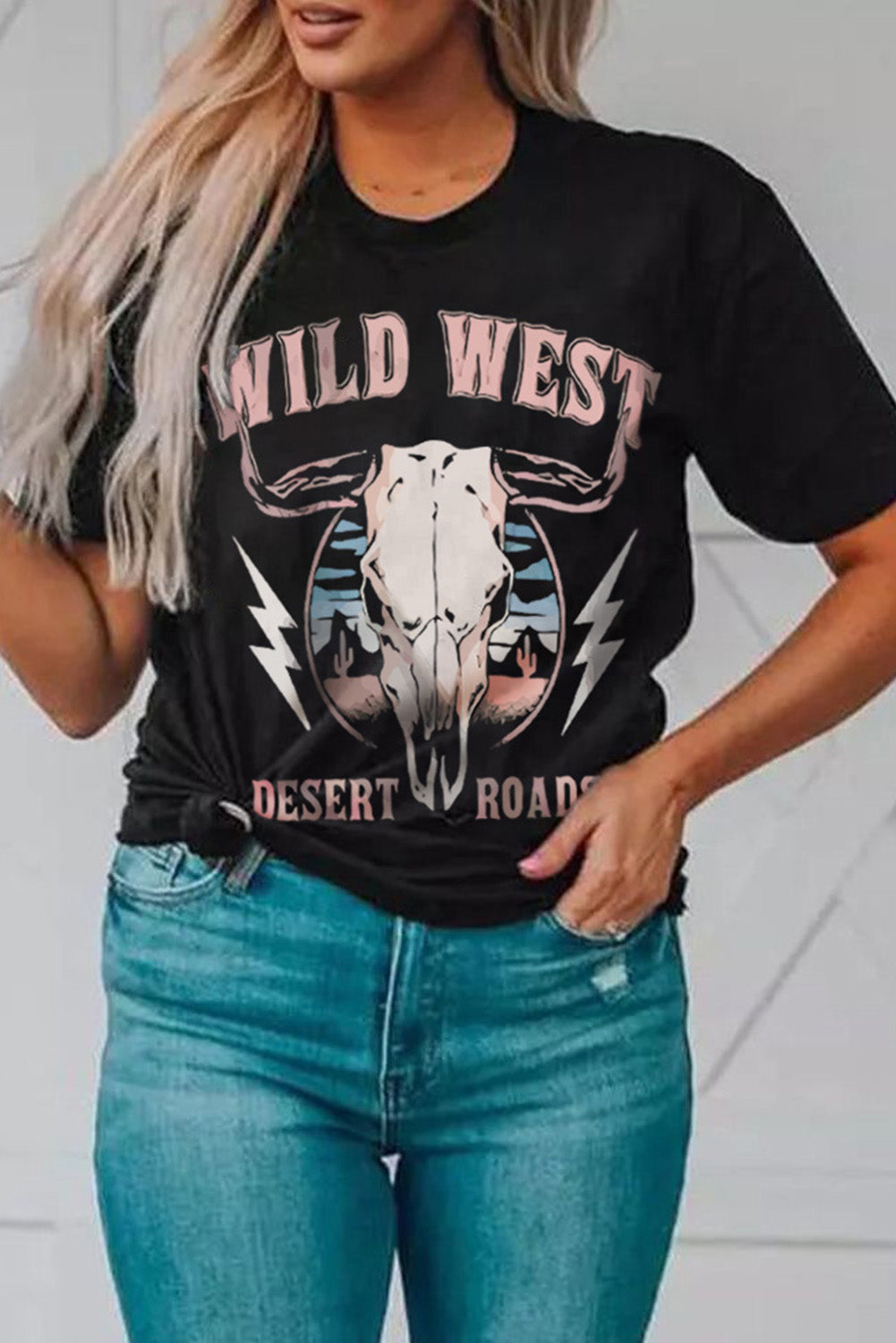 Black Wild West Desert Roads Steer Head Graphic Tee Graphic Tees JT's Designer Fashion