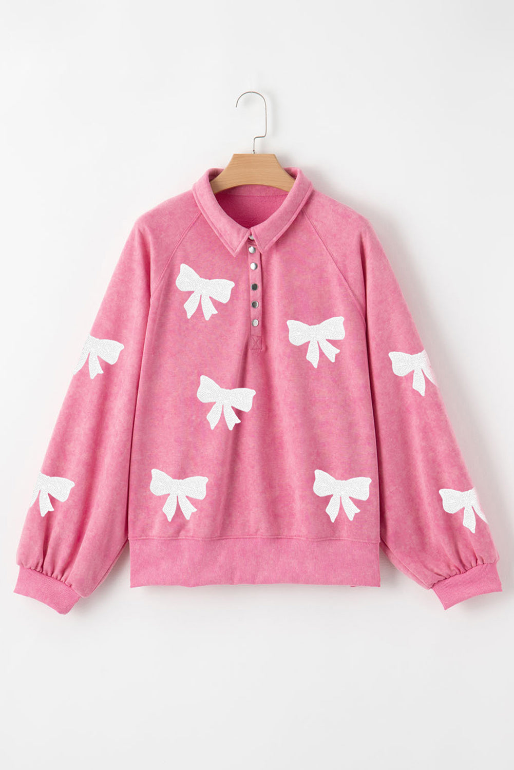 Pink Bow Pattern Snap Buttons Collared Pullover Sweatshirt Graphic Sweatshirts JT's Designer Fashion