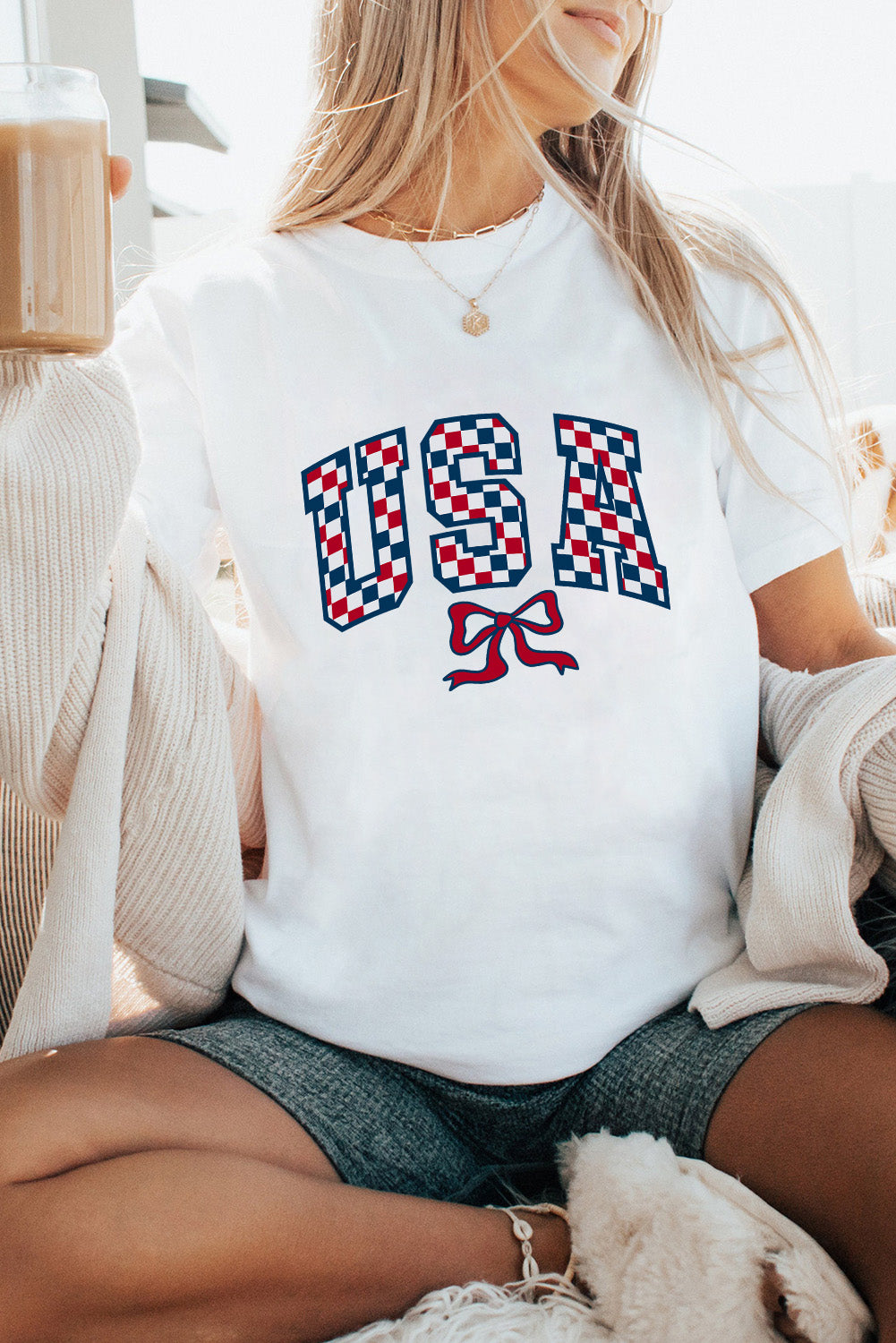 White Checkered USA Graphic Casual Tee Graphic Tees JT's Designer Fashion