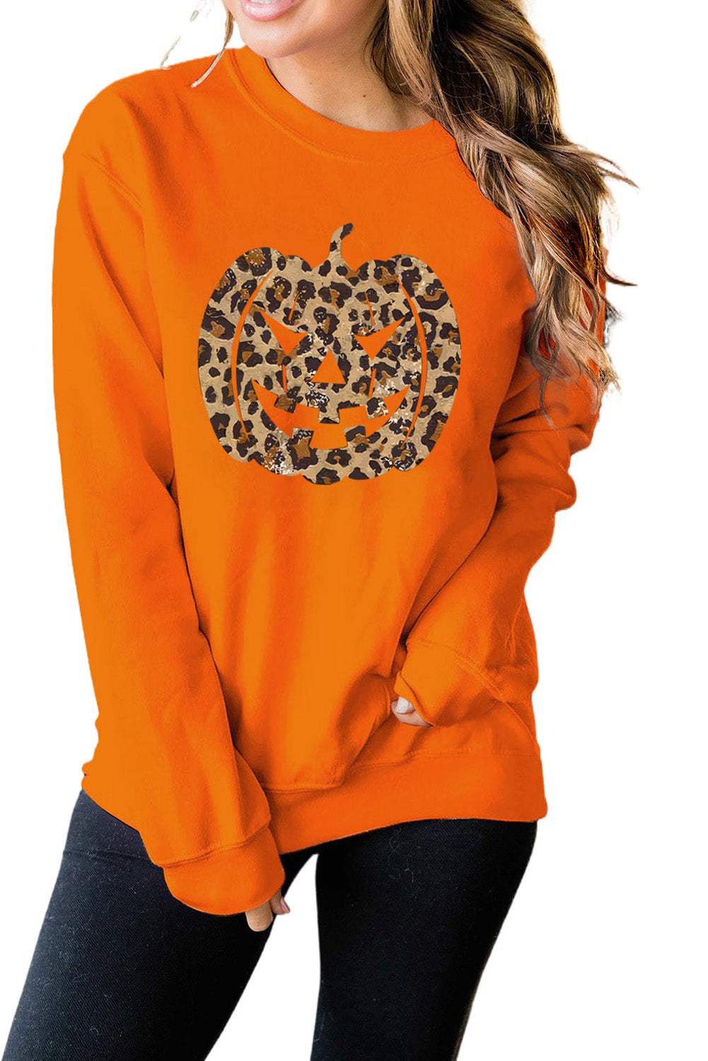 Orange Halloween Leopard Pumpkin Round neck Pullover Sweatshirt Graphic Sweatshirts JT's Designer Fashion