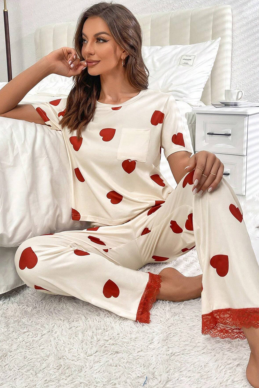 White Heart Print Lace Hem Pajama Set Loungewear JT's Designer Fashion