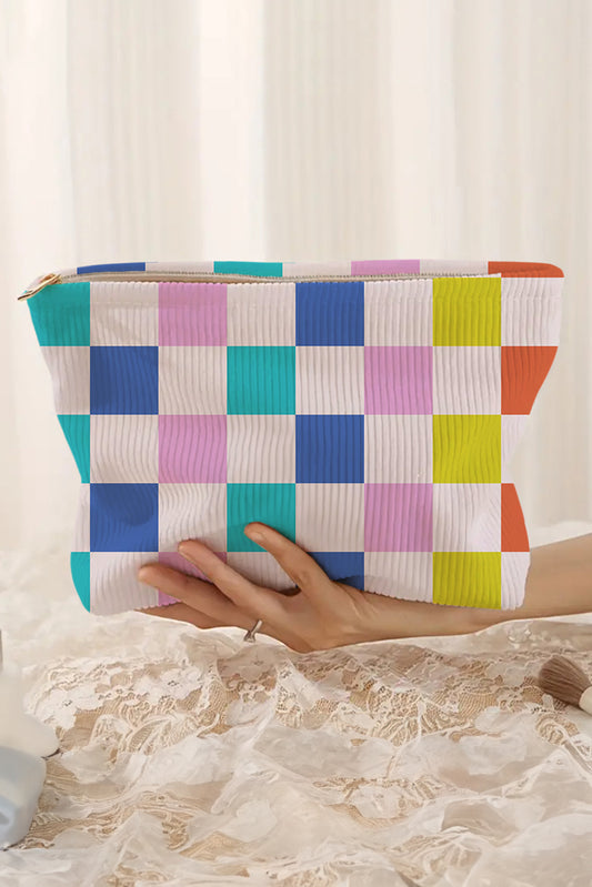 Pink Color Block Checkered Zipper Corduroy Cosmetic Bag Makeup Bags JT's Designer Fashion