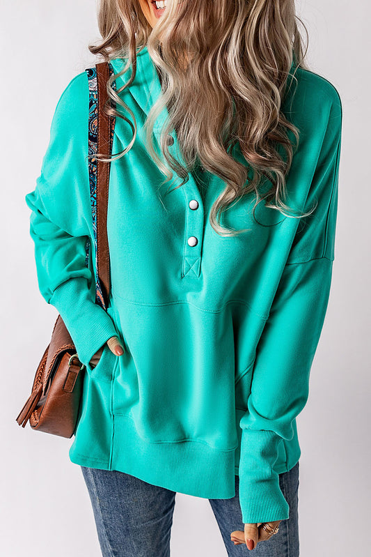 Turquoise Batwing Sleeve Pocketed Henley Hoodie Sweatshirts & Hoodies JT's Designer Fashion