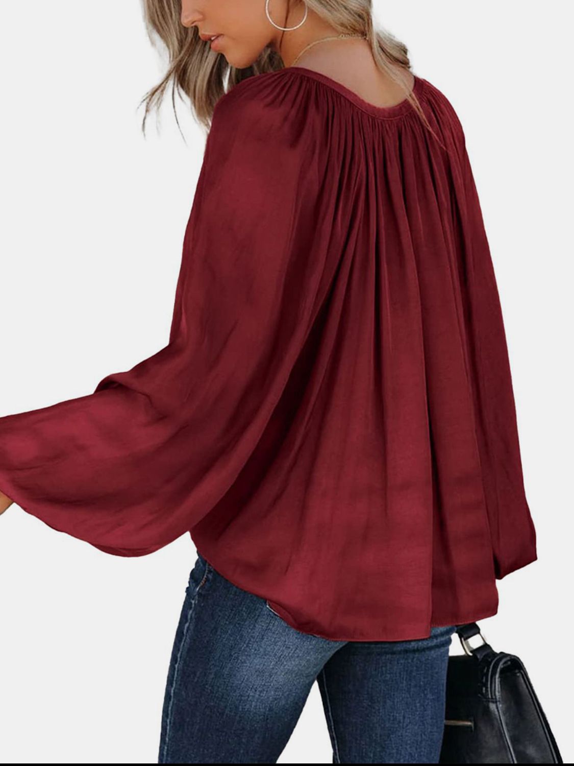 Ruched Tie Neck Balloon Sleeve Blouse Long Sleeve Tops JT's Designer Fashion