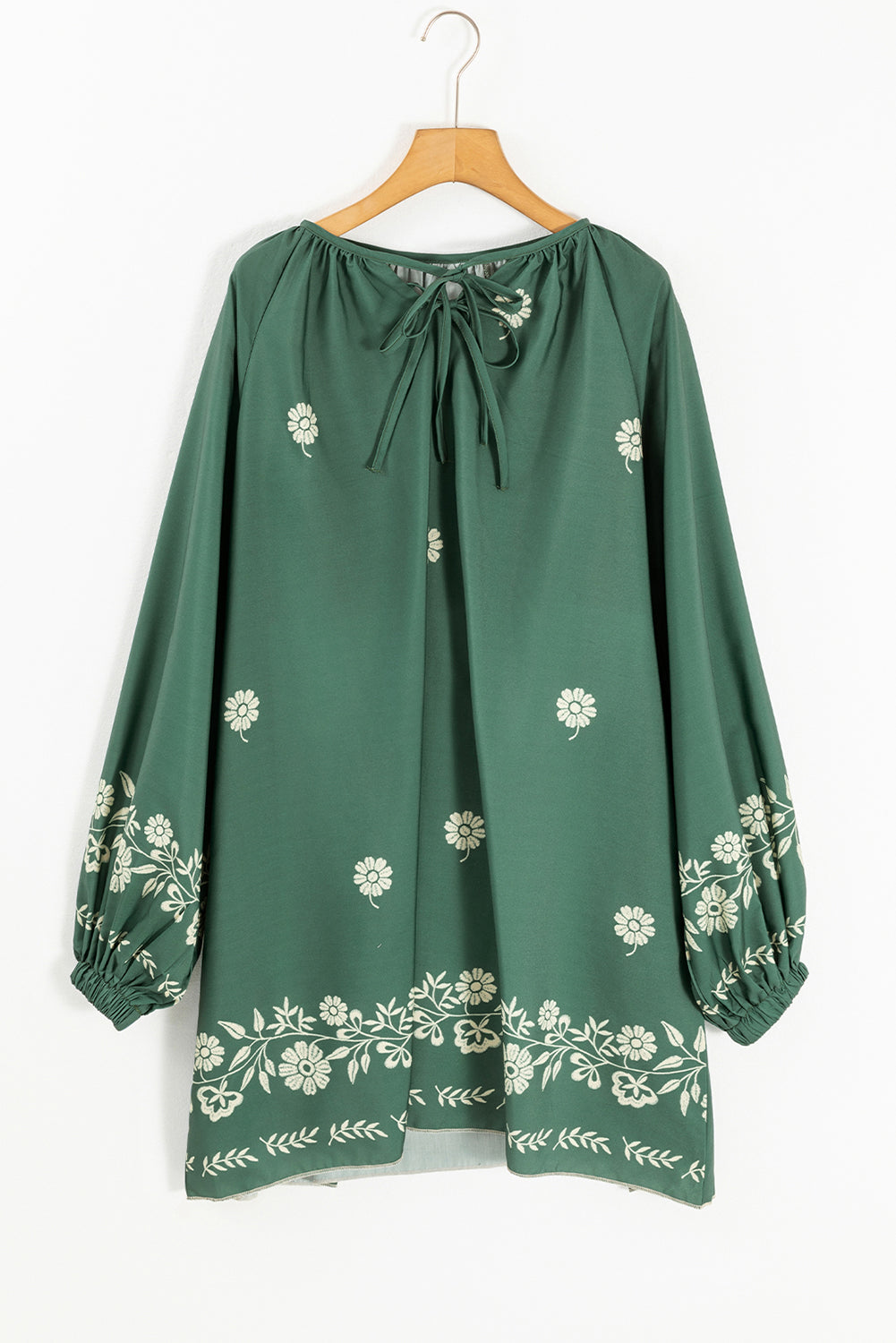 Mist Green Tie Neck Boho Floral Pattern Puff Sleeve Shift Dress Mini Dresses JT's Designer Fashion