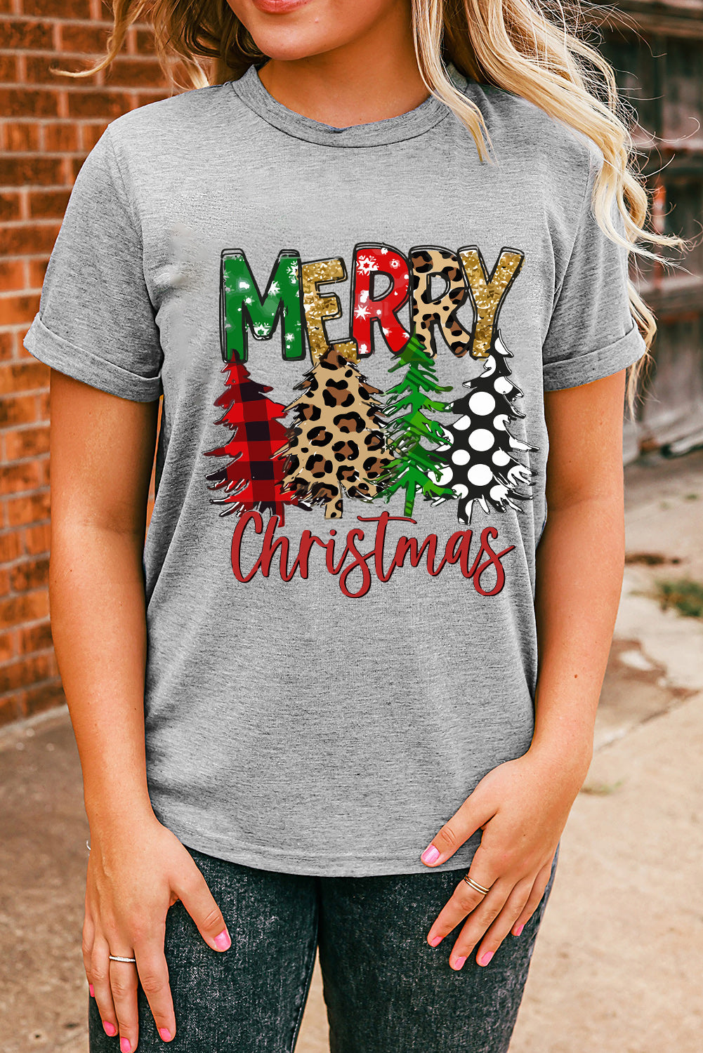 Gray Merry Christmas Tree Pattern Print Crew Neck Graphic Tee Graphic Tees JT's Designer Fashion