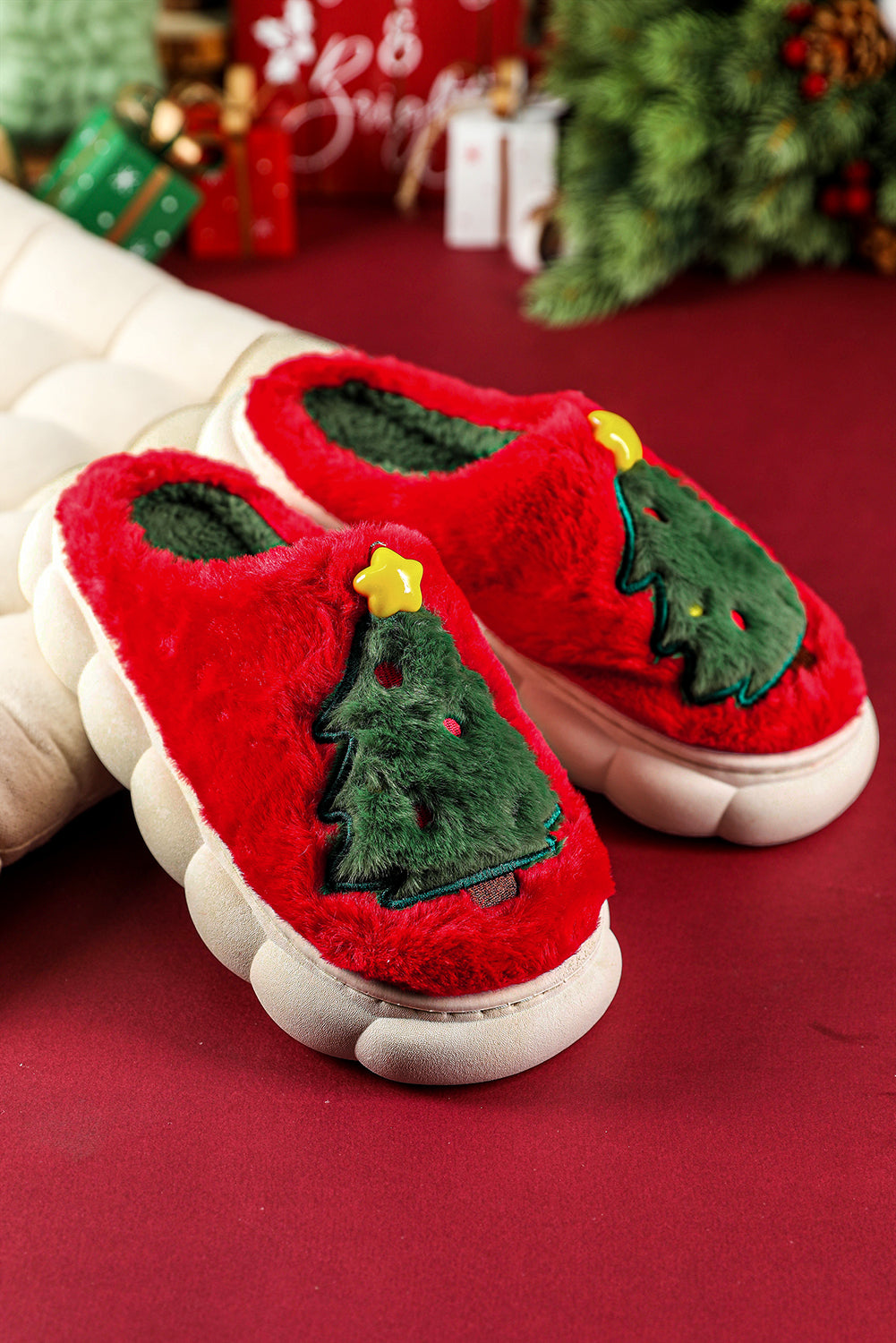 Fiery Red Christmas Tree Graphic Thick Sole Plush Slippers Slippers JT's Designer Fashion