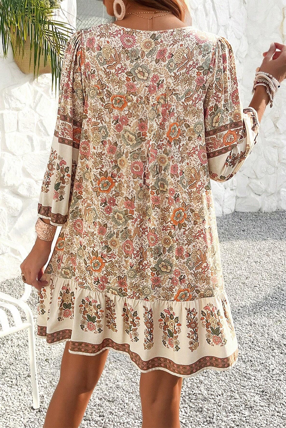 Apricot Floral Print Tassel Drawstring V Neck Loose Mini Dress Floral Dresses JT's Designer Fashion