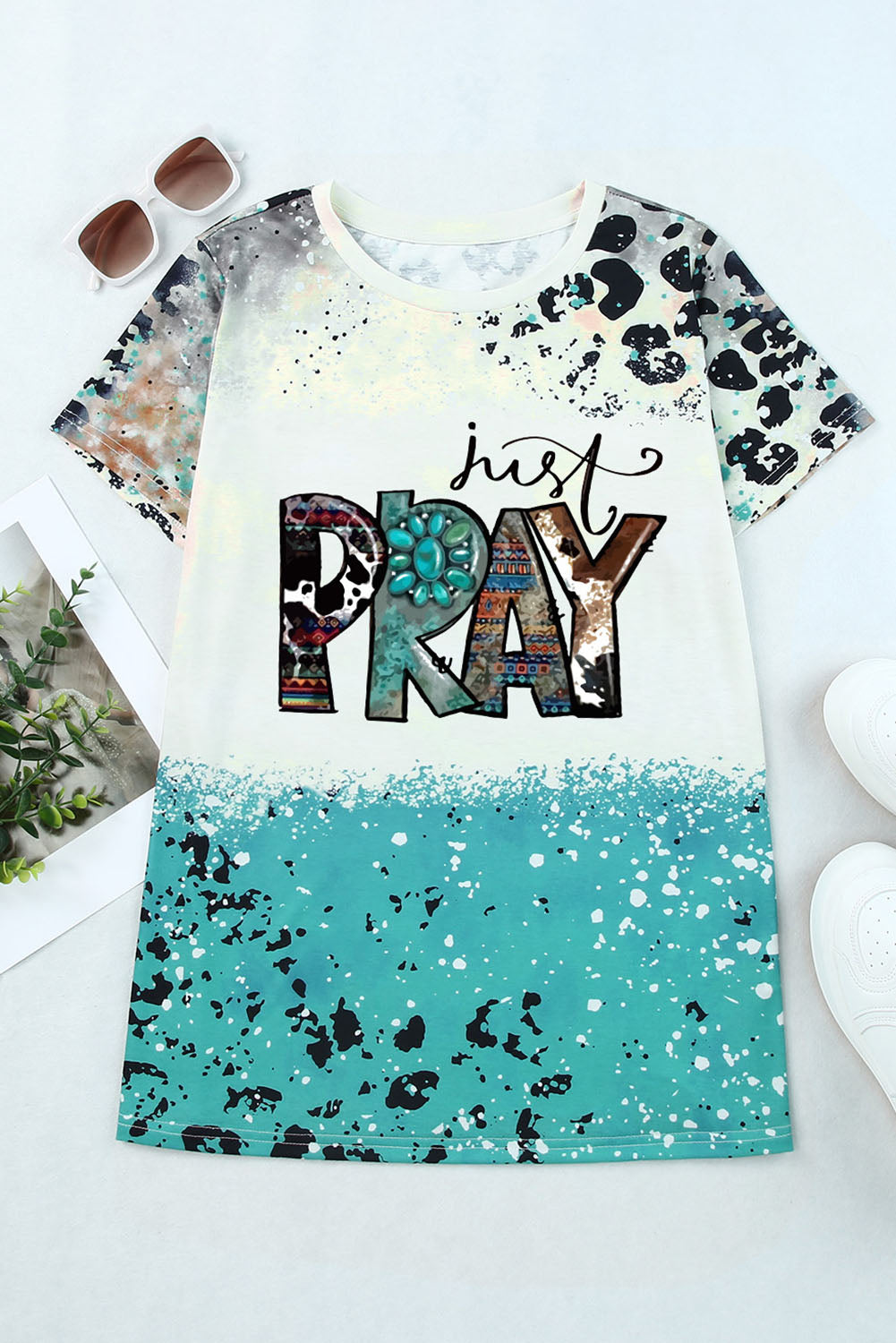 Sky Blue Western Fashion Mix Print just PRAY Graphic T Shirt Graphic Tees JT's Designer Fashion