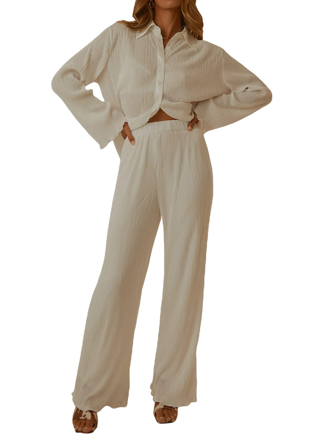 Collared Neck Long Sleeve Top and Pants Lounge Set Sleepwear JT's Designer Fashion