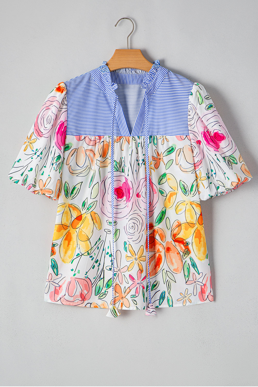 Multicolour Floral Print Striped Yoke Frilled V Neck Puff Short Sleeve Blouse Blouses & Shirts JT's Designer Fashion