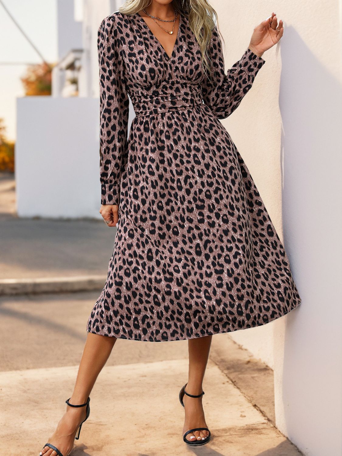 Leopard Surplice Long Sleeve Midi Dress Midi Dresses JT's Designer Fashion