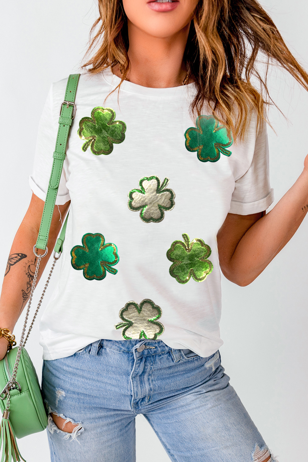 White St.Patrick Clover Crew Neck T Shirt Graphic Tees JT's Designer Fashion