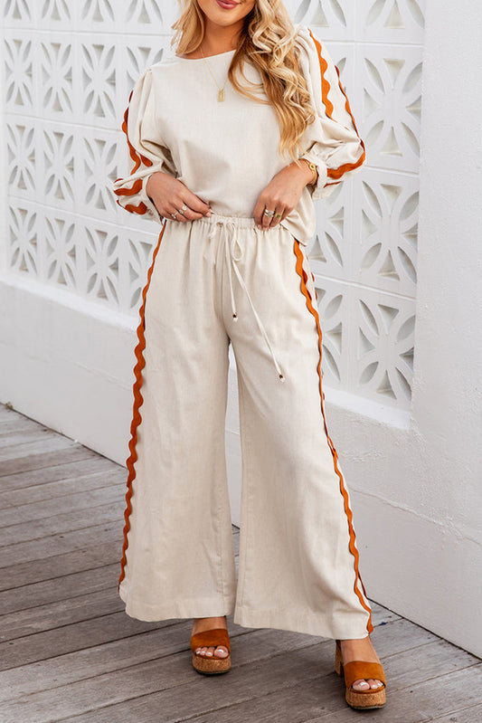 White Colorblock Ric Rac Trim Sleeve Top and Wide Leg Pants Set Pant Sets JT's Designer Fashion