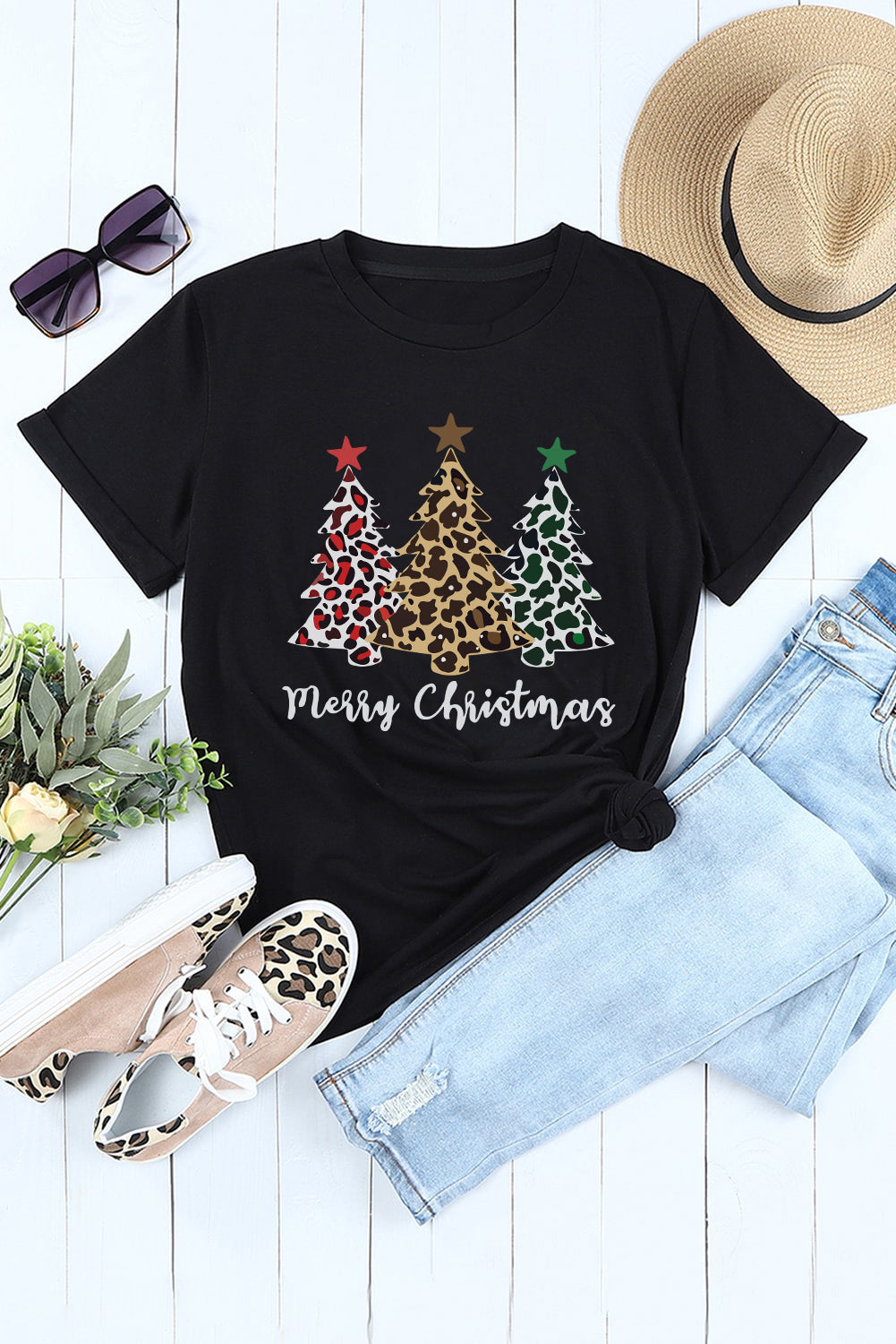 Black Leopard Tree Merry Christmas Graphic T Shirt Graphic Tees JT's Designer Fashion