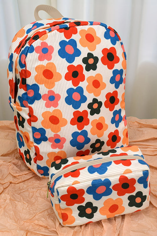 Khaki Flower Print Corduroy Backpack with Matching Pouch Backpacks JT's Designer Fashion