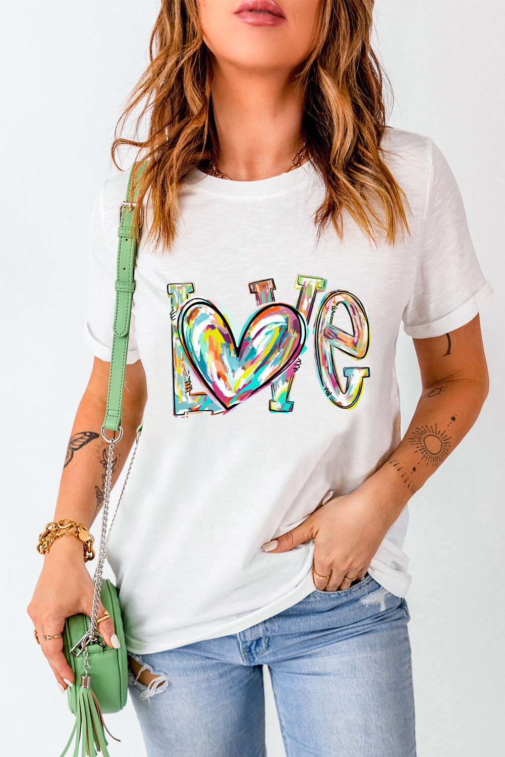 White Love Heart Shape Graffiti Round Neck T Shirt Graphic Tees JT's Designer Fashion