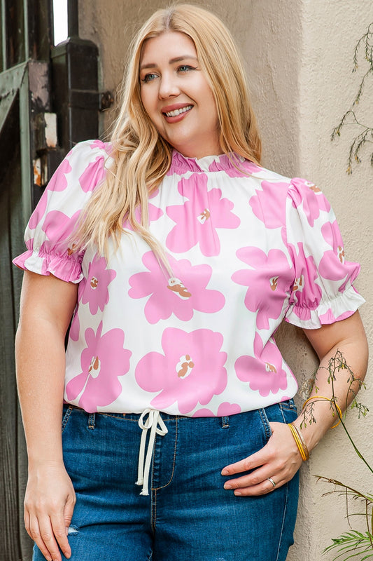 Plus Size Printed Round Neck Short Sleeve Top Carnation Pink Plus Size Tops JT's Designer Fashion