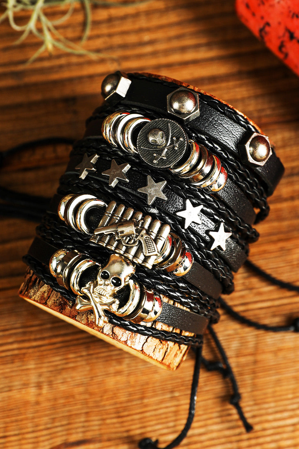 Black Gun Skull Star PU Leather Bracelet Set Jewelry JT's Designer Fashion