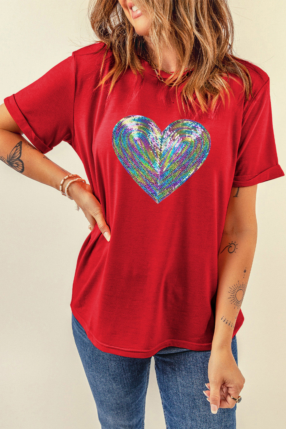 Red Rainbow Sequin Heart Shape Crew Neck T Shirt Graphic Sweatshirts JT's Designer Fashion