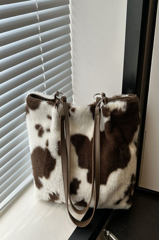 Cow Print Furry Tote Bag Chocolate One Size Shoulder Bags JT's Designer Fashion