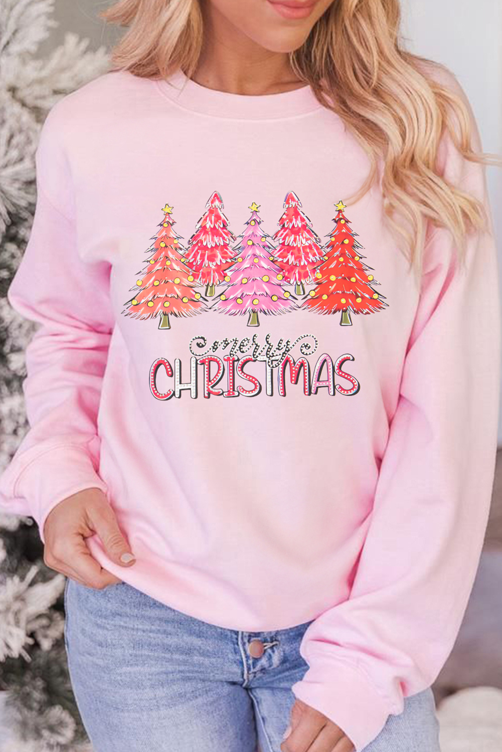 Pink Rhinestone Merry CHRISTMAS Christmas Tree Graphic Sweatshirt Pink 50%Polyester+50%Cotton Graphic Sweatshirts JT's Designer Fashion