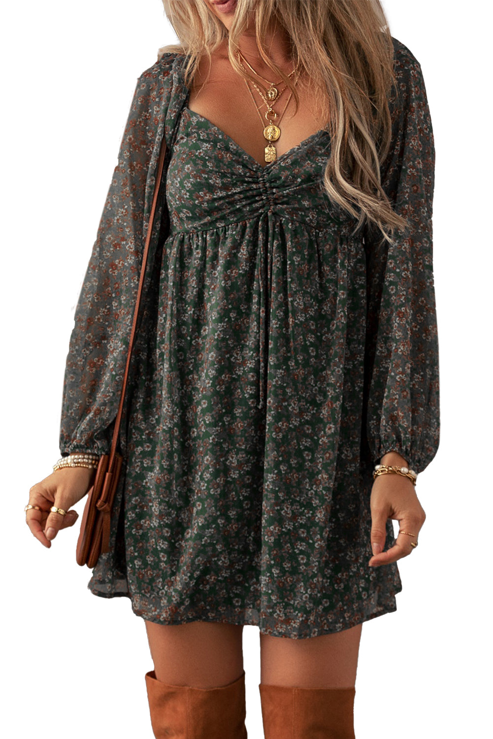 Green Floral Print Sweetheart Neck Shirred Back Mini Dress Floral Dresses JT's Designer Fashion