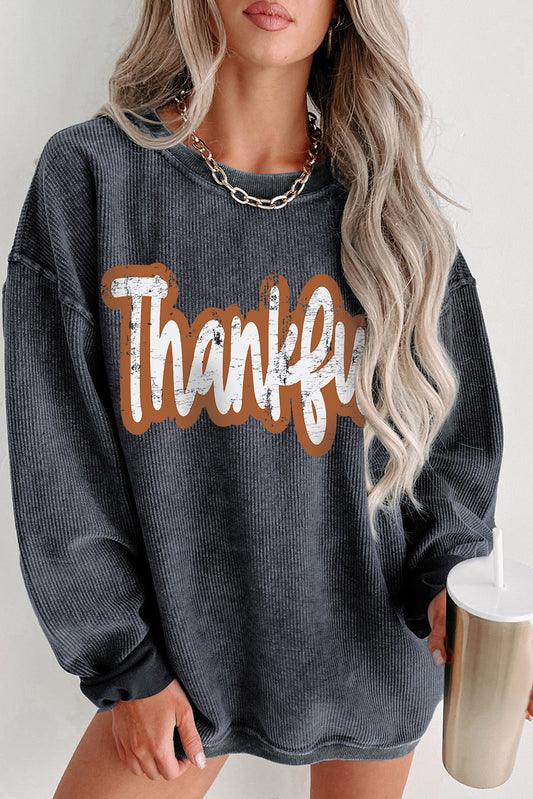 Gray Thankful Printed Drop Shoulder Corded Thanksgiving Sweatshirt Gray 100%Polyester Graphic Sweatshirts JT's Designer Fashion
