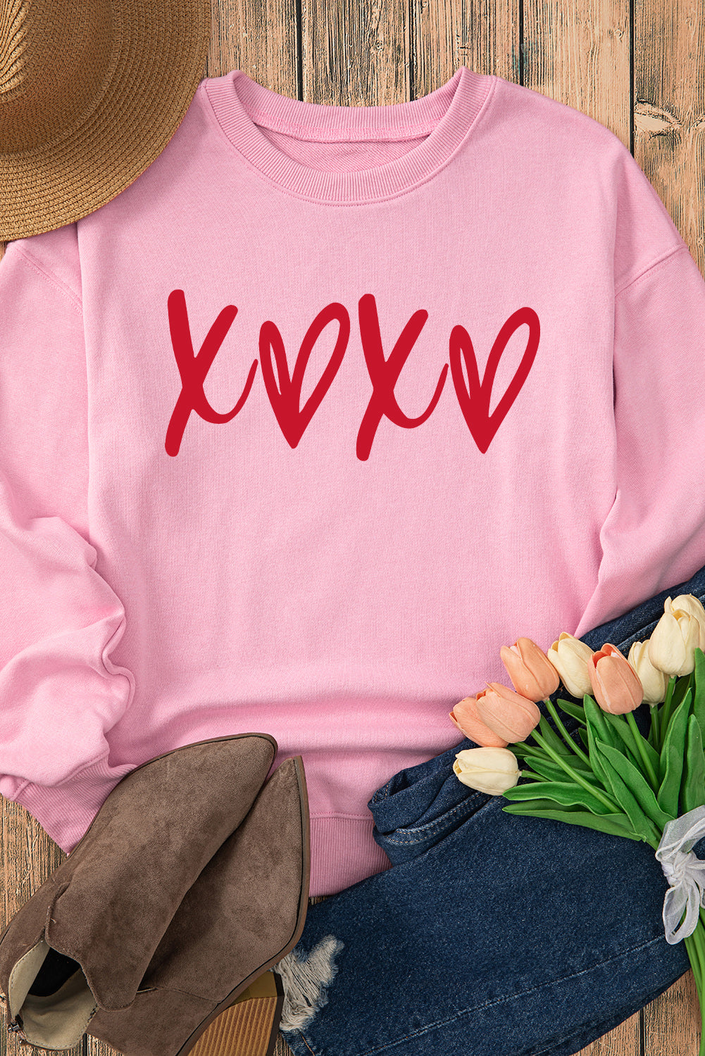 Pink Heart XOXO Graphic Crewneck Drop Shoulder Valentines Sweatshirt Graphic Sweatshirts JT's Designer Fashion