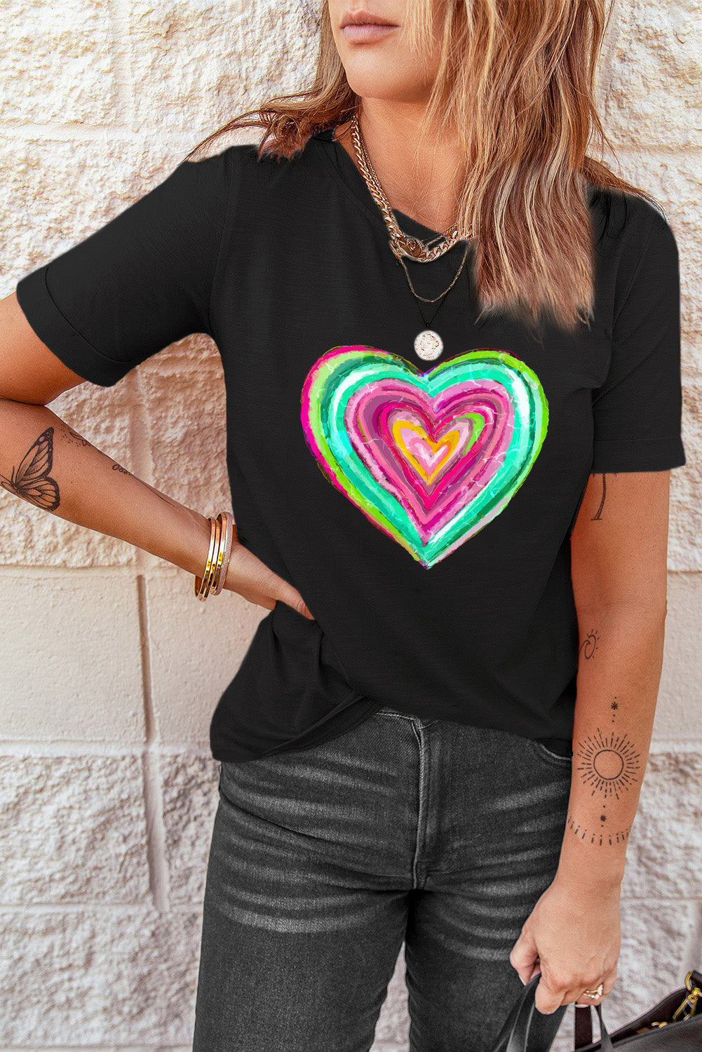 Black Valentine Heart Shaped Print Crew Neck T Shirt Graphic Tees JT's Designer Fashion