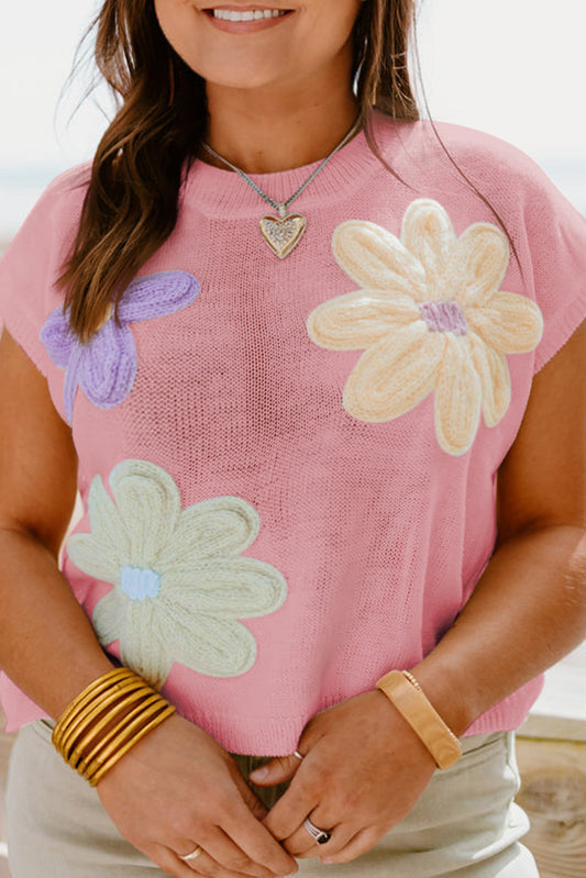 Light Pink Crochet Big Flower Short Sleeve Plus Knit Sweater Plus Size JT's Designer Fashion