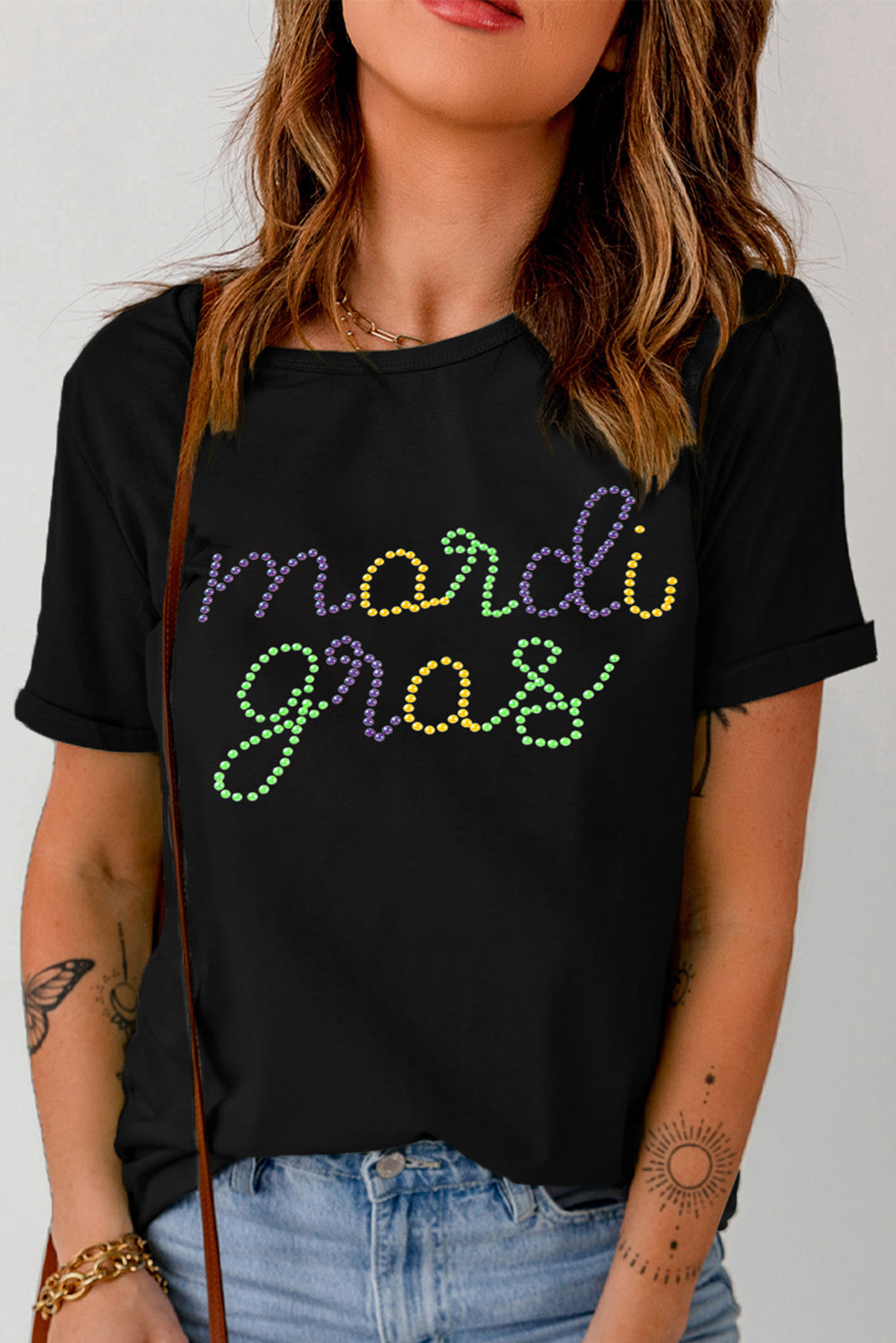 Black Rhinestone Mardi Gras Letter Graphic T Shirt Graphic Tees JT's Designer Fashion