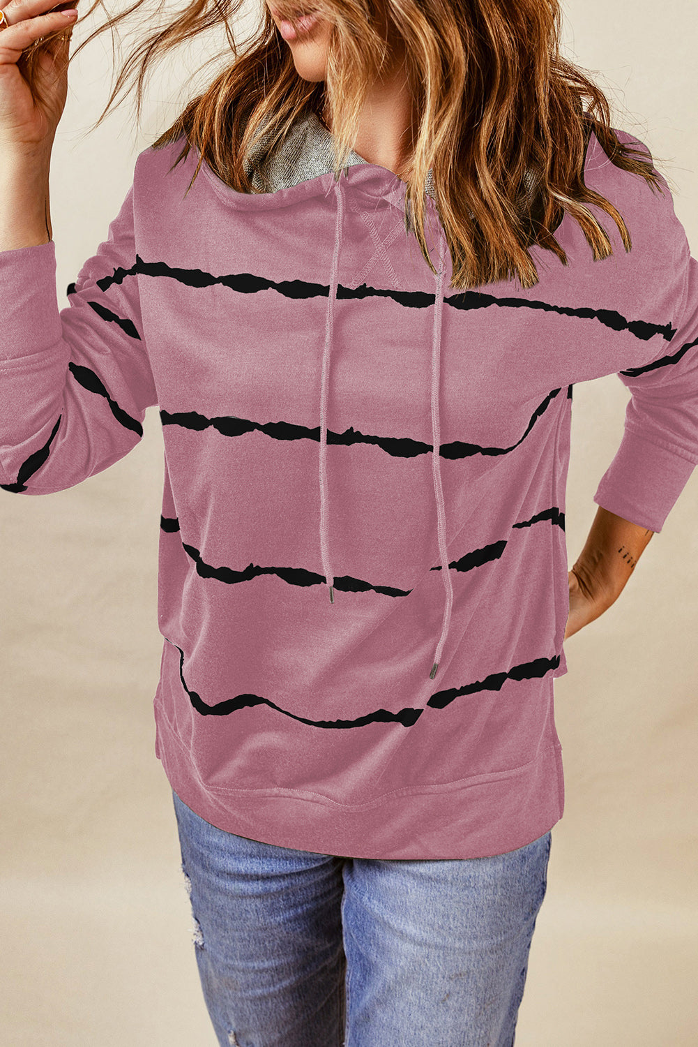 Pink Tie-dye Striped Drawstring Hoodie with Side Split Tops Sweatshirts & Hoodies JT's Designer Fashion