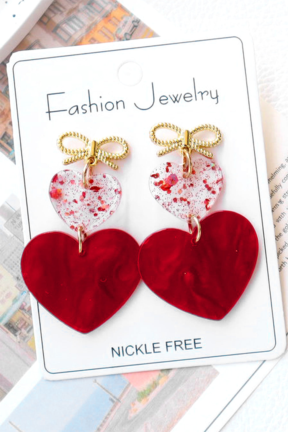 Fiery Red Bow Knot Heart Shape Dangle Earrings Jewelry JT's Designer Fashion