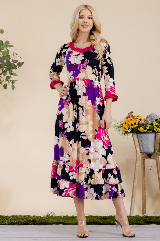 Celeste Full Size Floral Ruffled Midi Dress Navy Fuchsia Floral Midi Dresses JT's Designer Fashion