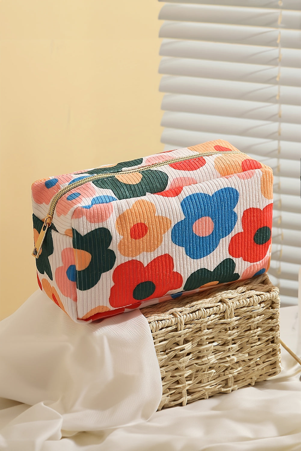 White Flower Print Zipper Square Corduroy Cosmetic Bag Makeup Bags JT's Designer Fashion