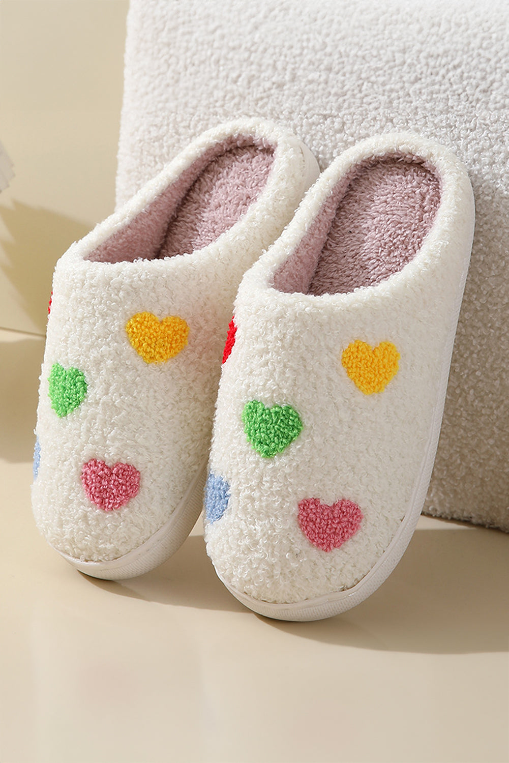 White Colorful Heart Shape Slip On Plush Winter Slippers Slippers JT's Designer Fashion